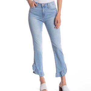 Paige Hoxton Light Wash High Rise Ruffled Straight Ankle Crop Stretch Jeans
